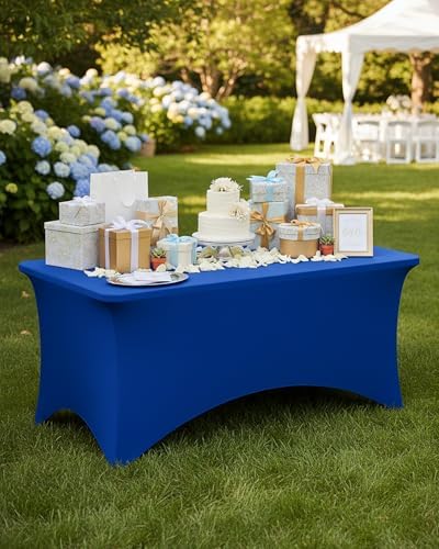 Fixwal 4 Pack 6FT Royal Blue Tablecloth Rectangle Spandex Table Cover - Image 2