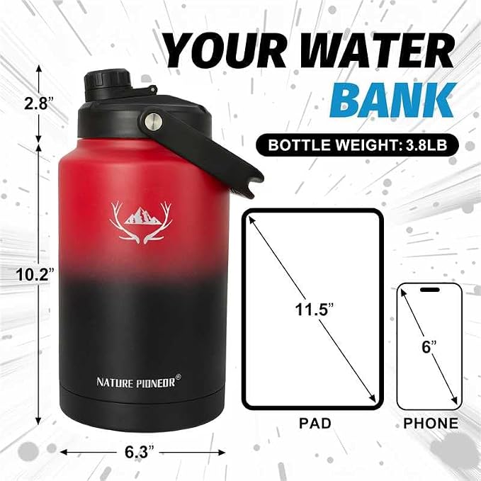 NATURE PIONEOR 1 Gallon (128oz) Insulated Water Bottle Jug with Carrier Bag | 18/8 Food-grade Stainless Steel, Double Vacuum Insulation, Wide-Mouth, Straw & Spout Lid, Strap, Camping, Hiking, Gym, Work - Image 4
