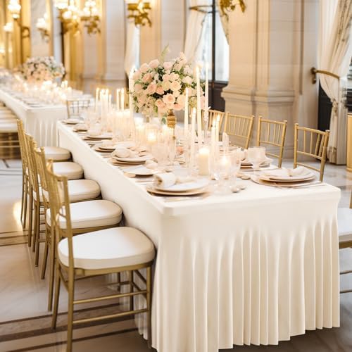 Wish Care 6 Pack Ivory Spandex Table Clothes for 6 Foot Rectangle Tables, 6FT Wrinkle Free Fitted Tablecloths Ruffles Design Table Cover for Party, Banquet, Wedding and Events - Image 5