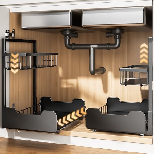 PureBox Under Sink Organizer, 2-Tier L-Shaped Pull Out Cabinet Shelf with 2 Installation Methods, Adjustable Sliding Storage Drawer for Kitchen, Bathroom, Laundry, Metal, Black, 2-Pack by Unknown