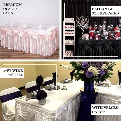 Efavormart White Satin Double Drape Table Skirt for Kitchen Dining Catering Wedding Birthday Party Decorations Events 21ft - Image 3