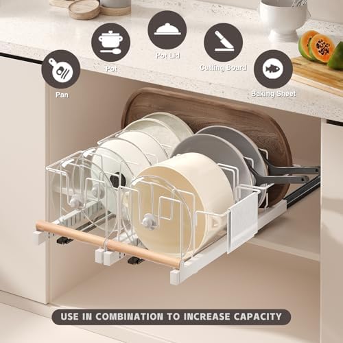 Magheo Pull Out Pots and Pans Organizer Under Cabinet, 22" Deep Expandable Pot Lid Organizer and Storage with 10 Adjustable Dividers Adhesive Pot and Pan Holder Rack with Handle Bracket(1 Pack,White) - Image 2
