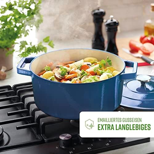 by Brandt Cast Steel Casserole Dish Round Individual 28 cm Capacity 6.8 L Cast Iron Lid with Stainless Steel Knob Suitable for Induction Oven Safe Blue - Image 2