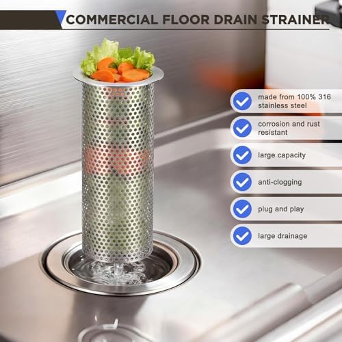 1 Pcs Commercial Floor Drain Strainer Perforated Cylindrical Mesh 316 Stainless Steel Drain Basket with Carry Handle –heavy-duty, for Restaurants, Kitchens, Factory (3" Diameter X 8" Tall) - Image 3
