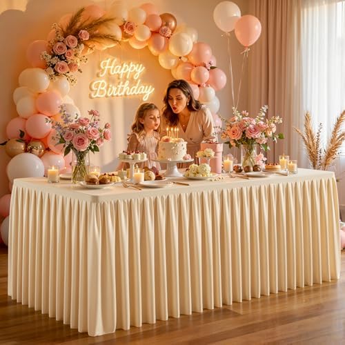Dark Champagne Polyester Table Cloths for Rectangle 8 Foot Tables, 2 Pack Wrinkle Free Tablecloths Stretchy Banquet Ruffle Fitted Table Cover Desk Skirt for Parties Wedding Birthday Baby Shower - Image 2
