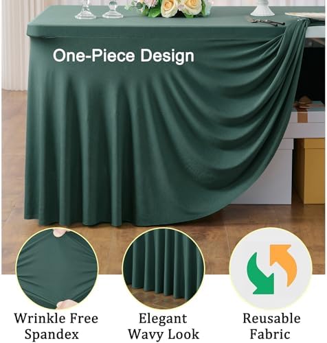 6 Pack Hunter Green Spandex Tablecloth for 8 Foot Rectangle Tables, Wrinkle Free Fitted Table Cloth Cover 8FT Green Stretchy Tablecloths with Skirt for Parties Weddings Birthday Banquet Baby Shower - Image 3