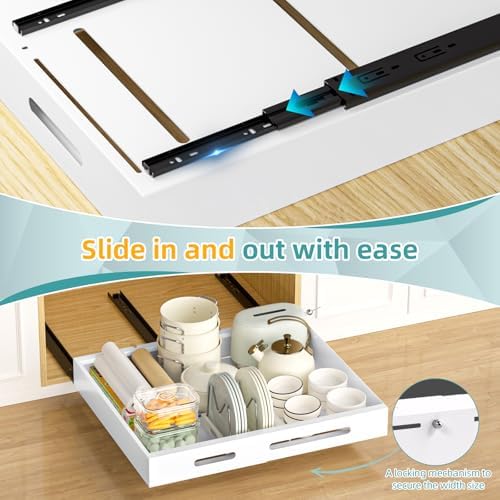 HBL' 2 Pack | 21" Deep Pull Out Cabinet Organizer Adhesive, (13.8" to 22.0") Width Expandable Sturdy Carbon Steel Roll-Out Drawers, Designed for Frameless Cabinets, Slide-Out Shelves for Pantry. - Image 4