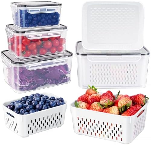 Freshmage Fruit Storage Containers for Fridge with Removable Colander 4 PCS | Airtight Food Storage Container Dishwasher Safe Produce Saver for Refrigerator Keep Berry Fruit Fresh Longer Small Clear by Freshmage