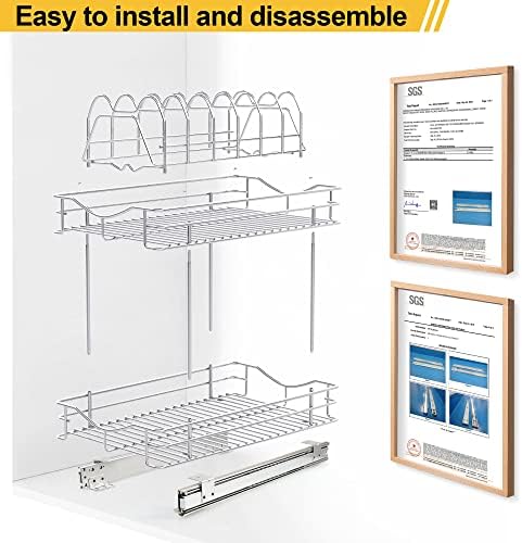 FULGENTE Pull Out Cabinet Pots and Pans Organizer 11" W x 18" D 2 Tier Wire Basket for Lid Cookware Drawer Slide Out Kitchen Cupboard Organization Shelves Shelf for Pantry Roll Out Storage, Chrome - Image 5
