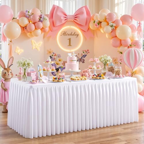White Polyester Table Cloths for Rectangle 8 Foot Tables, 6 Pack Wrinkle Free Tablecloths Stretchy Banquet Ruffle Fitted Table Cover Desk Skirt for Parties Wedding Birthday Baby Shower - Image 5