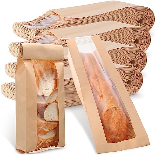Thenshop 200 Pcs Long Baguette Bag French Bread Bags, 4.5 x 2 x 24 Inch | Paper Bread Bags with Window, Brown Kraft Bread Bags, for Homemade Bread Biscuits Loaf Storage Sacks Packaging by Thenshop