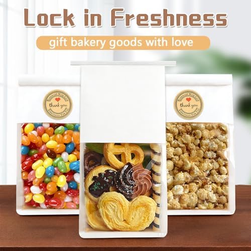 50 Pack White Cookie Bags with Seal, 8.2x3.9x3.1 Inch Tin Tie Tab Lock Bakery Bags with Window Resealable Paper Packaging Bag for Muffin, Candies, Scone, Brownie, Included 50 Thank You Stickers - Image 5
