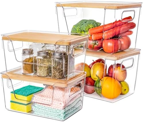 Criusia 2 Large and 2 Small Pantry Organizers and Storage with Bamboo Lids, Stackable Clear Bins for Onion, Potato, Fruit, Vegetables, Trash Bag Dispenser, Kitchen and Under Sink Organizer by Criusia