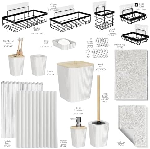 Clara Clark Bathroom Accessories Set - 27PC Bathroom Set with Adhesive Corner Shower Caddy Hanging, Bathroom Sets with Shower Curtain and Rugs, White Shower Curtain Set with Bathroom Trash Can - Image 3