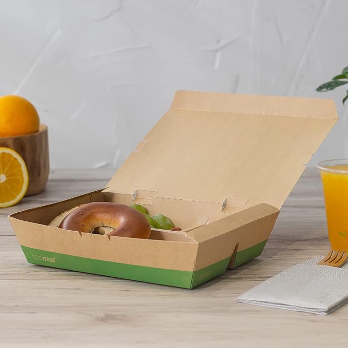 Restaurantware-Eco Tek 50.7 Ounce To Go Boxes, 100 Bento Boxes - 3 Compartments, Tab Lock Closure, Kraft and Green Paper Take Out Box, PLA Lining, For Restaurants or Parties - Image 11