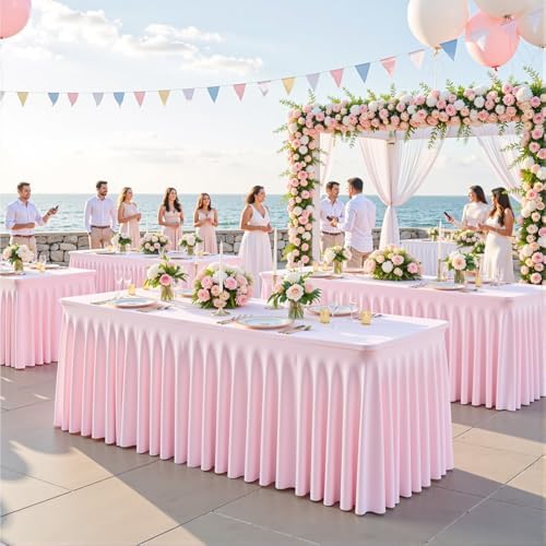 8 Pack Pink Table Cloth for 6 Foot Rectangle Tables Spandex Fitted Tablecloth 6ft Stretch Table Covers Skirt Pink Banquet Tablecloths Wrinkle Free Tablecloth for Party Wedding Birthday Event - Image 2