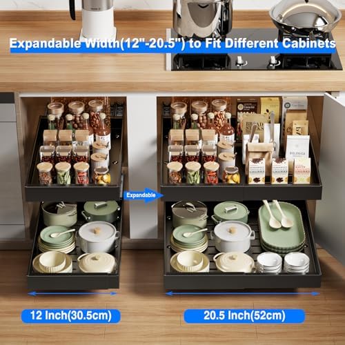 MUSTORN Expandable Pull Out Cabinet Organizer, 21"Deep Slide Out Drawer for Cabinets Adhesive Pull Out Drawers Heavy Duty Pull Out Shelves for Kitchen, Cupboard, Pantry, Bathroom(Black,1-Pack) - Image 3