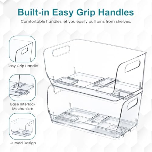 Basicwise 12-Inch Open-Front Clear Storage Bin with Easy-Grip Handle Stackable Transparent Plastic Organizer Container for Pantry Cabinet Refrigerator Drawers Closets and Shelf Organization, Large - Image 3
