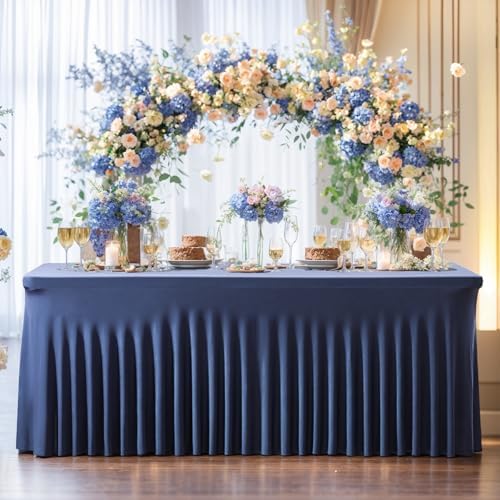 Besutolife 6 Pack Navy Blue Spandex Tablecloth for 8ft Rectangle Tables Fitted Table Cloth Stretch Table Covers Skirt 8ft Rectangular Tablecloths for Banquet Parties Wedding Decorations - Image 3