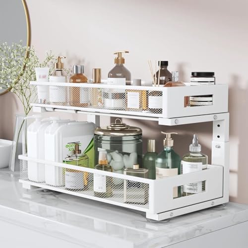 2 Packs 21IN Depth Under Sink Organizer, 2-Tier Pull Out Cabinet Organizer With Smooth Circular Rail, Large Capacity Metal Mesh Sliding Drawers For Bathroom& Kitchen Storage,Height Adjustable –White - Image 3