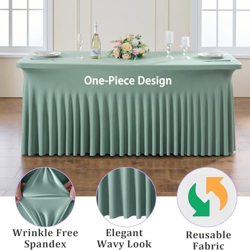 4 Pack Sage Green Spandex Table Clothes for 8 Foot Rectangle Tables, Wrinkle Free Fitted Table Cover 8ft Stretch Tablecloths Desk Skirt for Parties Weddings Birthday Banquet Baby Shower - Image 2