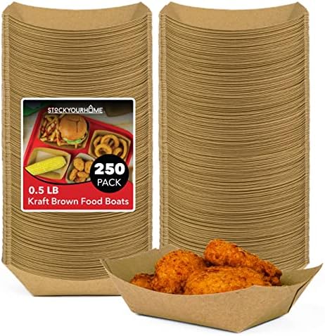 Stock Your Home [250 Pack] Small Disposable Brown Kraft Paper Food Trays, 0.5-Lb Concession Tray, Serving Boats for Party Snacks, Taco Bar, Seafood, Nachos Plates, Half-Pound by StockYourHome