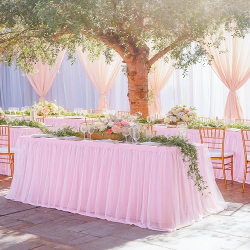 6 Pack 8ft Pink Tablecloths for Rectangle Tables, 8 Foot Pink Rectangular Table Cloth, Wrinkle Free Table Cover with Tutu Skirt for Baby Shower Girls Birthday Party Banquet Buffet Cake Decorations - Image 5