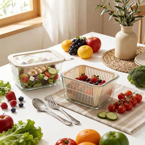 Urban Green Glass Food Storage Containers with Glass Lids, Microwave Safe Food Container Set, Aitight Meal Prep Container Set, BPA Free, 2 extra Colanders, LeakProof, 2 Pack of 60oz - Image 6