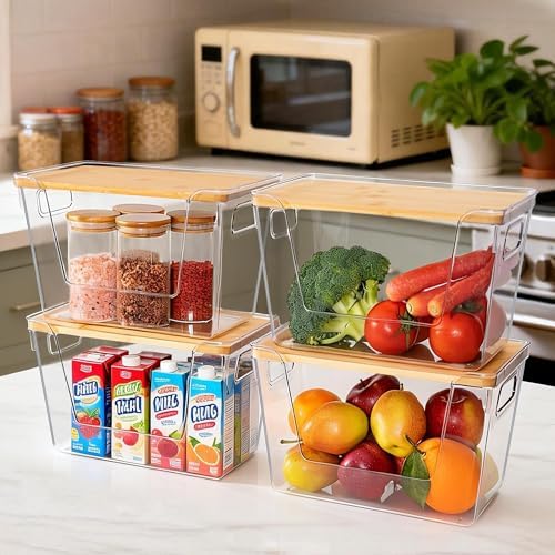 Criusia 4 Set Pantry Organizers and Storage with Bamboo Lids, Stackable Clear Bins for Onion, Potato, Fruit, Vegetables, Trash Bag Dispenser, Kitchen and Under Sink Organizer - Image 2