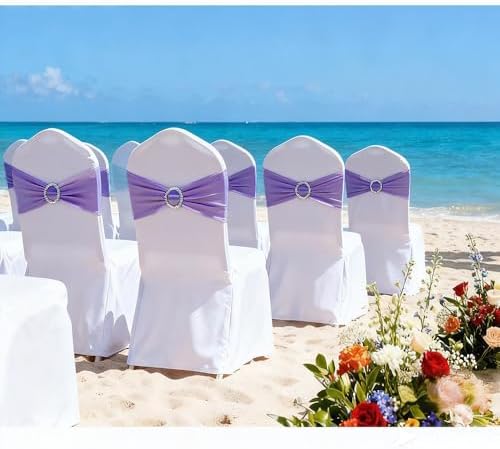 Lavender Chair Sashes 100 Pack, Spandex Chairs Sashes for Wedding Decor, Lavender Chair Bands Bows for Banquet Theme Hotel Restaurant Event Decor - Image 3