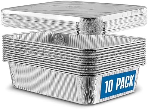 PLASTICPRO 10 Pack Aluminum Pans 12.5'' x 9" Disposable Pans with Covers Heavy Duty 8 lb Foil Pans for Baking and Cooking by PLASTICPRO