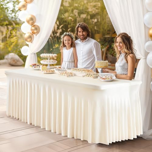 PARTISKY 2 Pack Ivory Spandex Table Cloths for Rectangle Tables 8ft, Ivory Table Skirt for Party, Table Cover with Skirt for Wedding Folding Table Banquet Baby Shower & Birthday Parties - Image 5