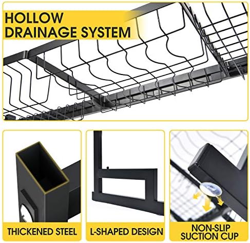 KINGRACK Over The Sink Dish Drying Rack, 2-Tier Dish Rack, Dish Drainer with Utensil Holder&Hooks, Kitchen Storage Organizer for Plates Bowls Pots, Black, for Sink Size < 24.8'' - Image 4