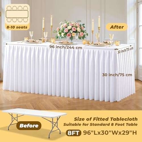 White Polyester Table Cloths for Rectangle 8 Foot Tables, 6 Pack Wrinkle Free Tablecloths Stretchy Banquet Ruffle Fitted Table Cover Desk Skirt for Parties Wedding Birthday Baby Shower - Image 4
