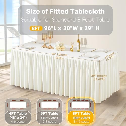 Wish Care Cream White Polyester Table Clothes for 8 Foot Rectangle Tables, Wrinkle Free Fitted Table Cover with Pleated Ruffle Table Skirt for Birthday Party Wedding Trade Show Event Display - Image 5