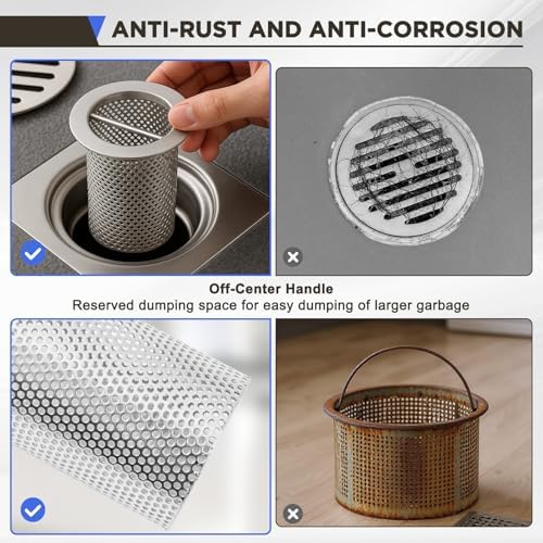 1 Pcs Commercial Floor Drain Strainer Perforated Cylindrical Mesh 316 Stainless Steel Drain Basket with Carry Handle –heavy-duty, for Restaurants, Kitchens, Factory (4" Diameter X 6" Tall) - Image 4