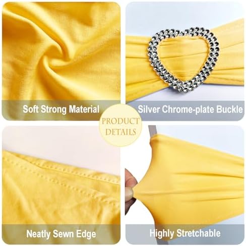 Yellow Chair Sashes Bows 30 Pack Stretch Yellow Sashes for Chairs Elastic Chair Sashes Bands with Heart Buckle Slider for Banquet Wedding Party Decorations - Image 3