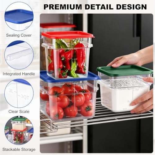 4Pack - 6QT Food Storage Containers with Lids & Handles, Polycarbonate Clear Airtight Food Container with Scale Marks for Bread Proofing, Flour, Commercial Grade, Restaurant & Kitchen, Square, Red - Image 3