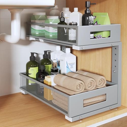 1 Pack 17IN Depth Under Sink Organizer, 2-Tier Pull Out Cabinet Organizer With Smooth Circular Rail, Large Capacity Metal Mesh Sliding Drawers For Bathroom& Kitchen Storage,Height Adjustable-Gun Gray by UnderSinkOrganizer