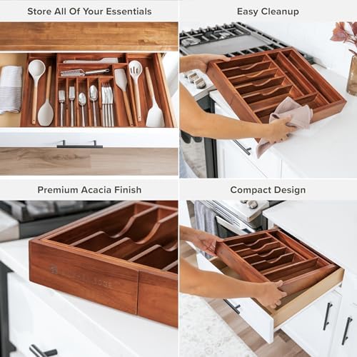 KitchenEdge Silverware & Utensil Drawer Organizer, 14.5-25 in, Acacia | Cutlery, flatware, food-safe contract grade, kitchen drawer fit - Image 3