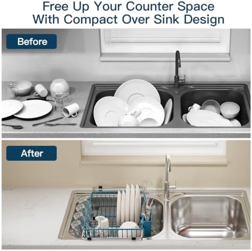 MAJALiS Blue Dish Drying Rack Over The Sink with Utensil Holder, Mat - Image 2