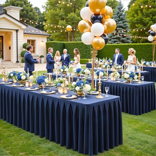 6 Pack Navy Blue Rectangle Tablecloth 8 FT Stretch Spandex Fitted Table Cloth for 8 Foot Rectangle Tables Banquet Tablecloths Wrinkle Free Table Cover Skirt Ruffle Tablecloth for Party Wedding - Image 3