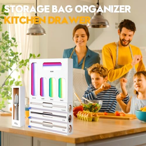 9 in 1 Foil and Plastic Wrap Dispenser with Cutter, White Bamboo Ziplock Bag Organizer for Drawer - Holds Gallon, Quart Bags & Aluminum Foil/Wax Paper, Wall Mountable Kitchen Storage - Image 7