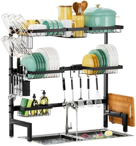 Over The Sink Dish Drying Rack,Expandable Length 3-Tier Large Stainless Steel Over The Sink Dish Rack with 6 Baskets, Utensil Holder Dish Drainers for Kitchen Counter - Image 3