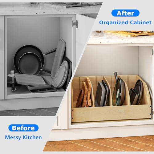 WelFurGeer Birchwood Pot and Pan Organizer with Soft-Close Drawer, Pull Out Cabinet Organizer, Heavy-Duty Slide-Out Storage for Baking Sheets, Cutting Boards, and Kitchen Utensils - Image 3