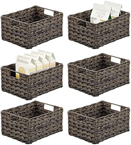 mDesign Woven Farmhouse Kitchen Pantry Food Storage Organizer Basket Box - Container Organization for Cabinets, Cupboards, Shelves, Countertops, Store Potatoes, Onions, Fruit, 6 Pack, Espresso Brown by mDesign