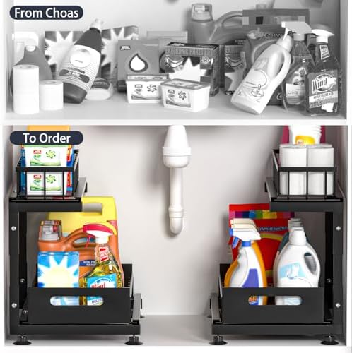 Saydear 2-Pack L-Shaped Under Sink Organizer, 2-Tier Pull-out Cabinet Rack - Image 2