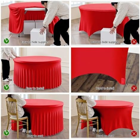 Outpain 6 Pack Red 72inch Spandex Round Tablecloths Stretchy 132inch Fitted 6FT Round Table Cloths, Wrinkle Free Table Cover with Skirt for Wedding Party Dining Banquet - Image 4