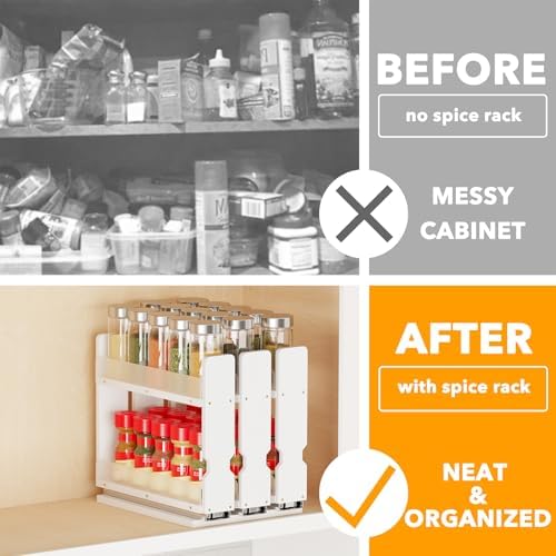 SpaceAid Bamboo Pull Out Spice Rack Organizer for Cabinet, Heavy Duty Slide Out Seasoning Kitchen Pantry Sliding Vertical Organization, 7.6" Wide, 3 Drawers(2" Wide), 2-Tier, White - Image 2