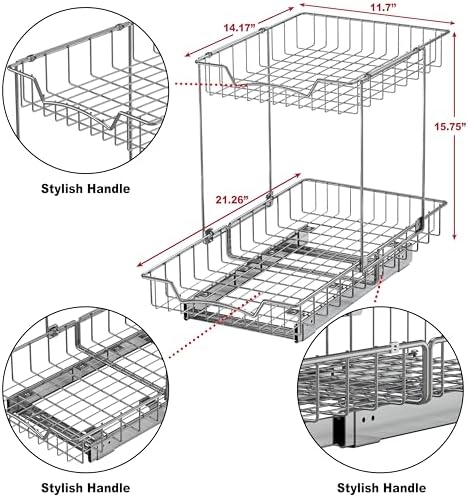Simple Houseware 2-Tier (L+L) Pull Out Under Cabinet Sliding Shelf, Chrome - Image 2
